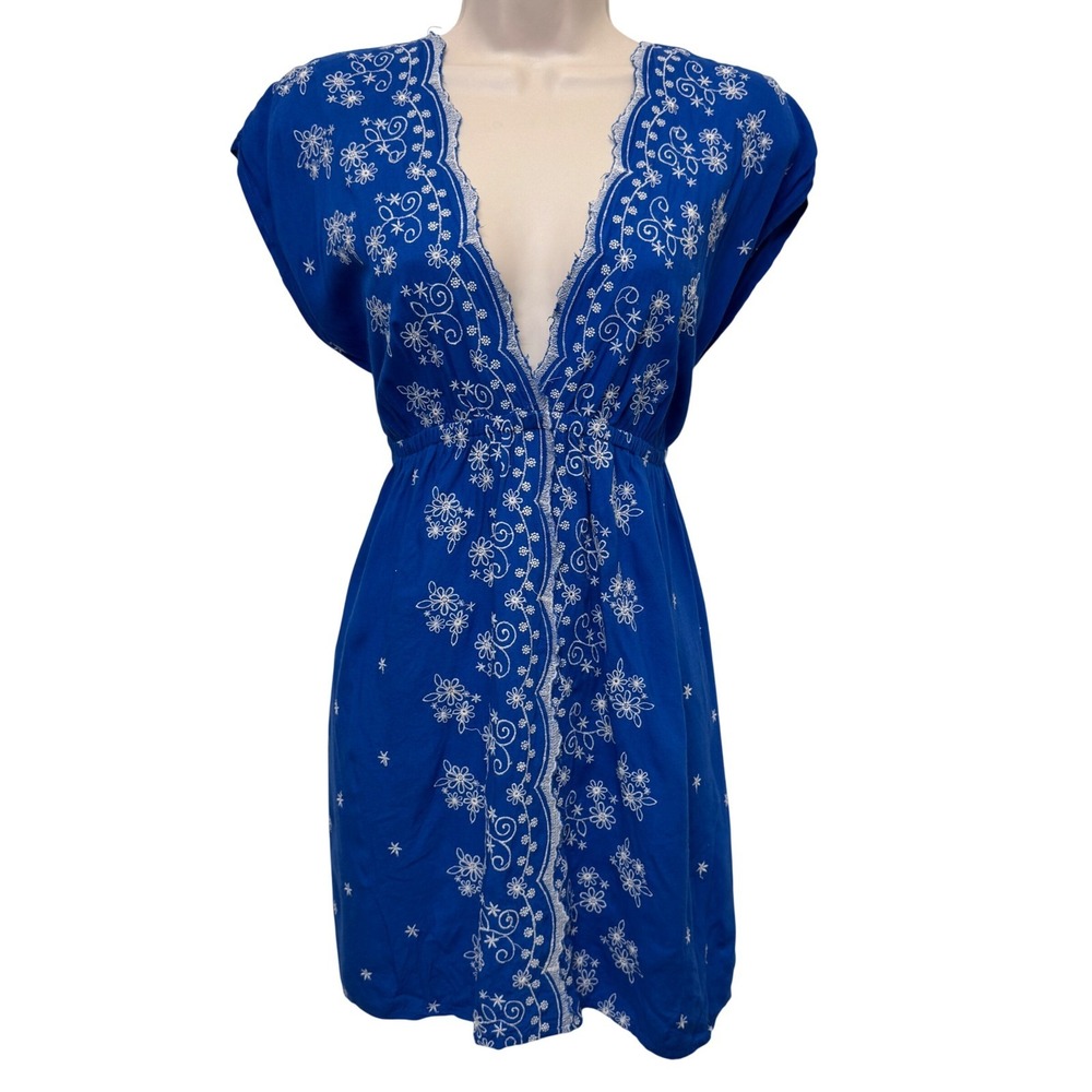 XXI Mini Dress Blue Floral Embroidered L V-Neck Open Back Boho Summer Beach